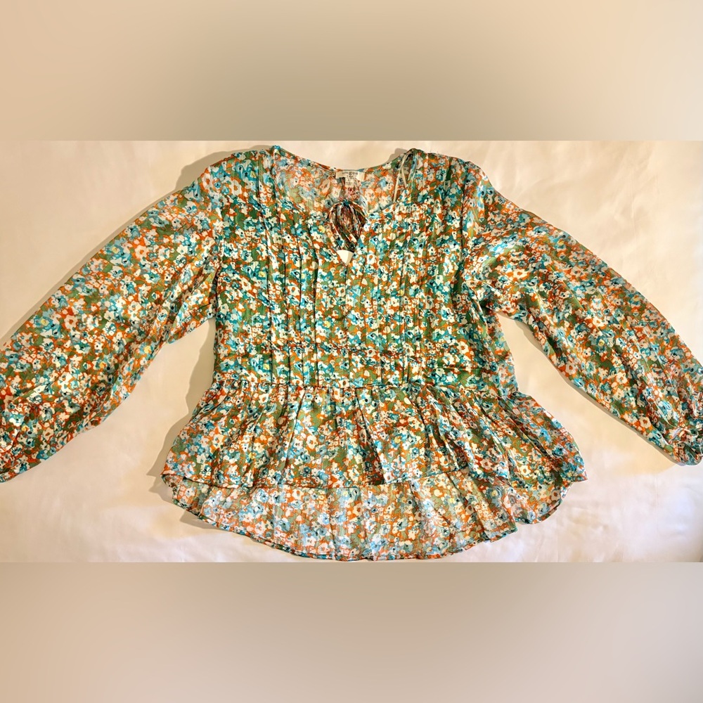 Umgee Peasant Floral Multicolor Sheer High Low Boho Ruffle Top Size Large NWT